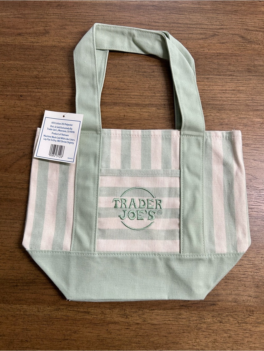 Trader Joe's Striped Mini Canvas Tote Bag Sage Green NWT Limited Edition 🆕 - Picture 2 of 3